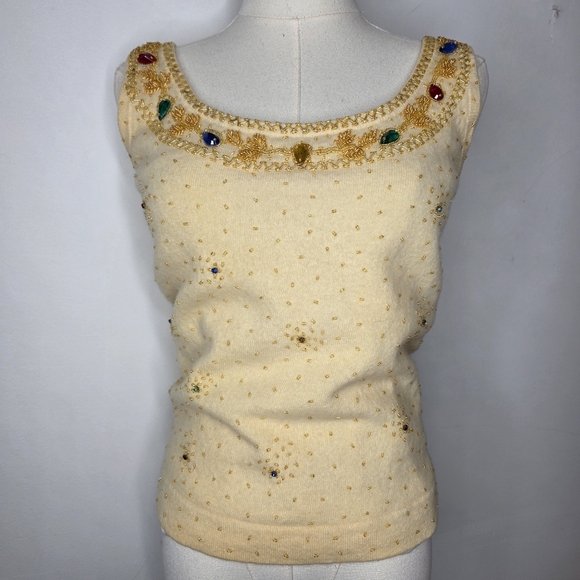 Marchesa Cocktail Sweater Tank Vintage 1960's Mid Century Rhintestone Cream Wool - Picture 2 of 16